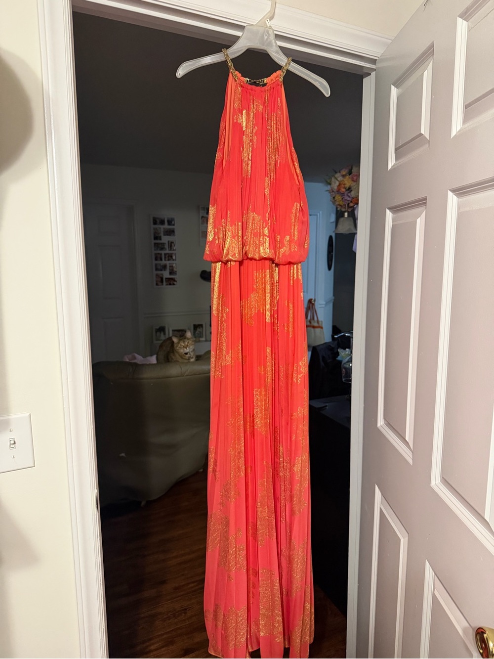 Xscape Coral Maxi Dress with Gold Print